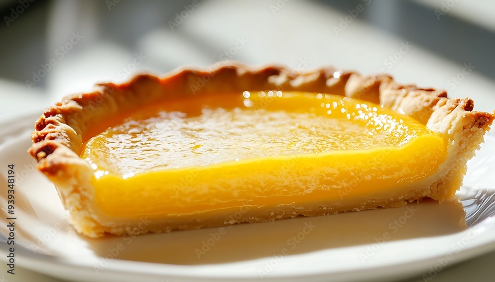 Close-Up of a Lemon Tart on a White Plate, Gentle Daylight Close-Up of a Lemon Tart on a White Plate, Gentle Daylight