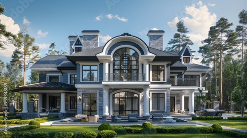 A magnificent chateau-style mansion characterized by intricate architectural elements, situated in a lush, tranquil wooded setting, amidst beautifully landscaped grounds.