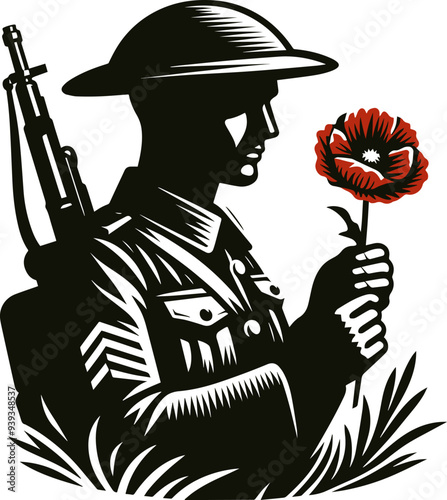 Stylized World War One soldier holding a poppy flower as as symbol of remembrance