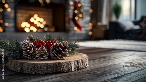 Rustic Christmas Decor   Pine Cones  Berries   Wooden Slice