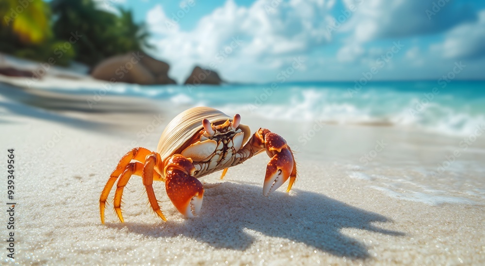 A closeup of a hermit crab with an empty shell on a tropical beach, blue sky and green trees in the background. ecosystem, nature A closeup of a hermit crab with an empty shell on a tropical beach, blue sky and green trees in the background. ecosystem, nature