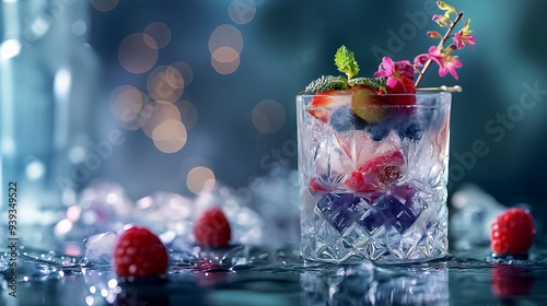 A sophisticated cocktail garnished with exotic fruits and edible flowers, served in a crystal clear glass, reflecting elegance.