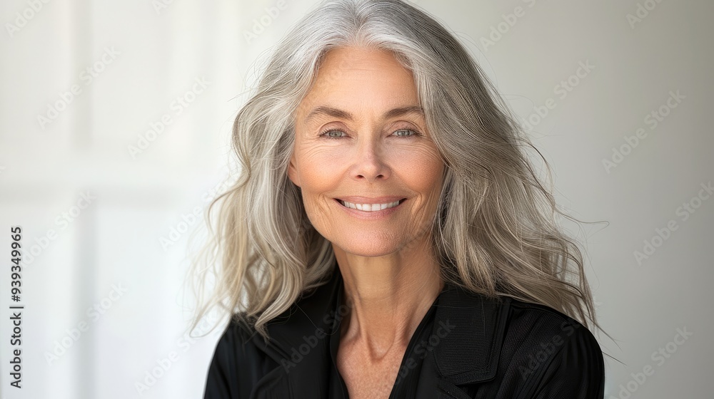 Stylish senior woman with gray hair smiling at the camera, isolated on a white background. Generative AI.
