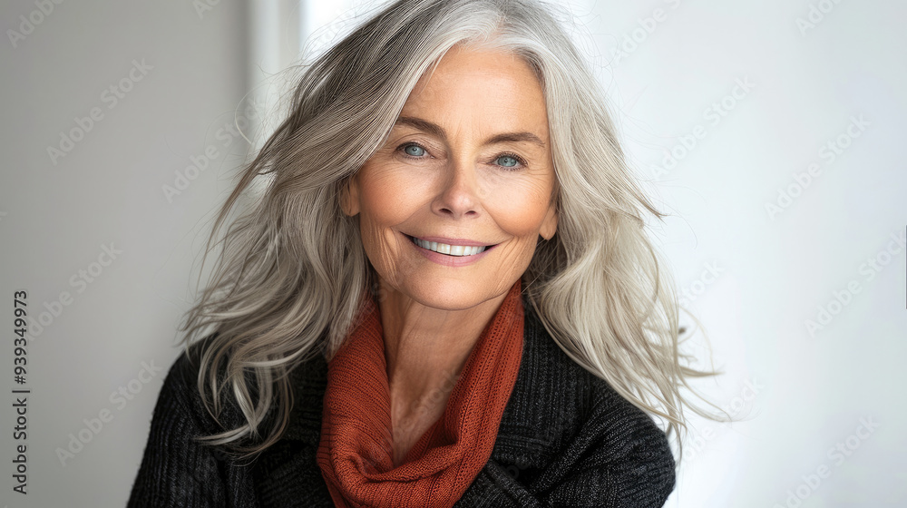 Fototapeta premium Stylish senior woman with gray hair smiling at the camera, isolated on a white background. Generative AI.