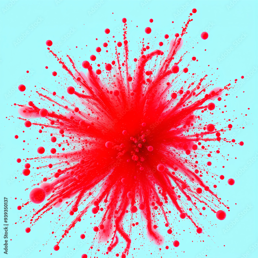 Red paint splash explosion against a light blue background Red paint splash explosion against a light blue background