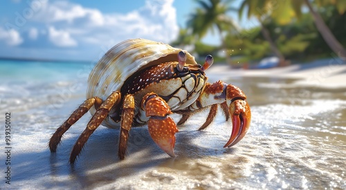 A closeup of a hermit crab with an empty shell on a tropical beach, blue sky and green trees in the background. ecosystem, nature