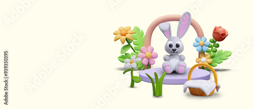 Toy bunny sits on stage with flowers. Cute Easter concept in 3D cartoon style