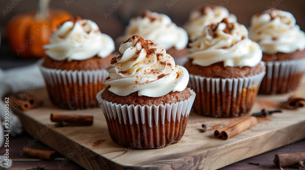 vegan pumpkin spice cupcakes topped with coconut cream frosting and a sprinkle of cinnamon, arranged on a wooden board vegan pumpkin spice cupcakes topped with coconut cream frosting and a sprinkle of cinnamon, arranged on a wooden board