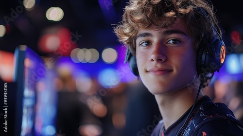 A young man wearing headphones and smiling in front of a computer monitor