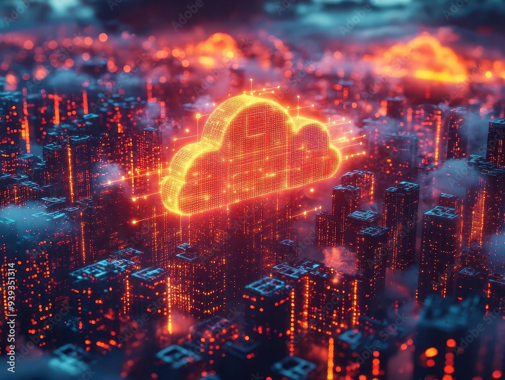 abstract visualization of cloud computing and smart city connectivity glowing network lines connect stylized buildings and floating data nodes in a futuristic cityscape abstract visualization of cloud computing and smart city connectivity glowing network lines connect stylized buildings and floating data nodes in a futuristic cityscape