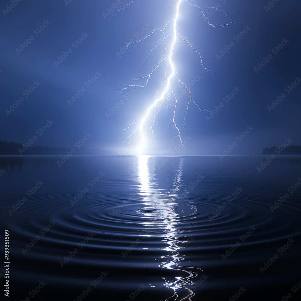 Lightning bolt striking over a calm lake at night creating a dramatic scene of nature's power Lightning bolt striking over a calm lake at night creating a dramatic scene of nature's power