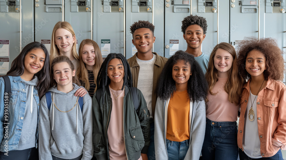 Fototapeta premium A diverse group of high school students standing in front of lockers. Multicultural, diverse children, open education, international school.