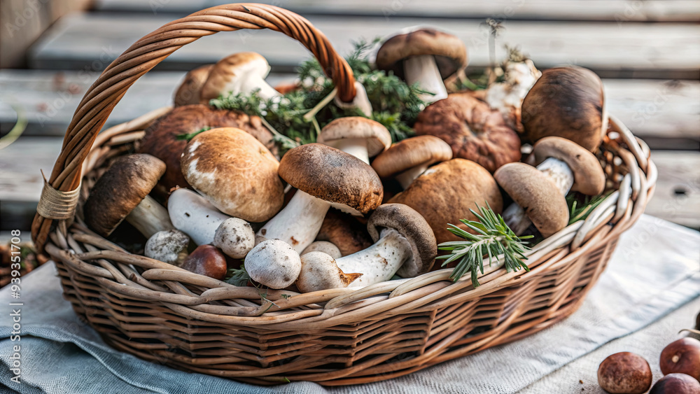 A woven basket brimming with freshly picked mushrooms sits on a rustic wooden surface, surrounded by greenery, reflecting the beauty of an autumn harvest A woven basket brimming with freshly picked mushrooms sits on a rustic wooden surface, surrounded by greenery, reflecting the beauty of an autumn harvest
