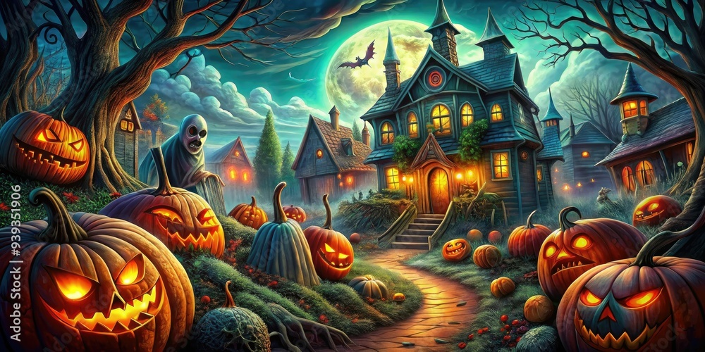 Obraz premium A spooky Halloween night featuring a haunted house surrounded by carved pumpkins, a full moon, and eerie trees in a dark landscape