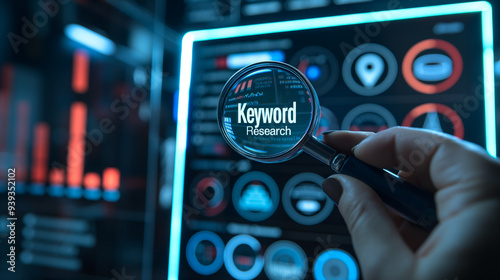 Keyword Research text is displayed in a hand lens or magnifying glass held by hand. SEO, search engine optimization, searching keywords, digital marketing concepts.