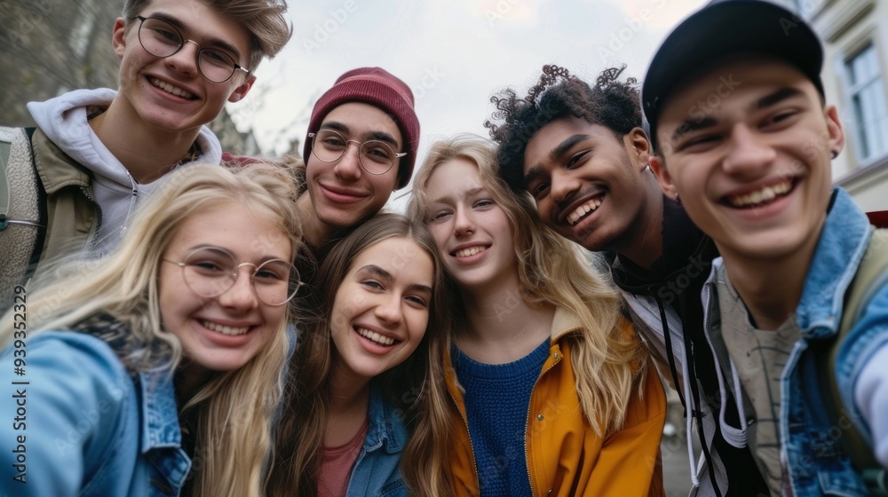 A group of college students taking a selfie together A group of college students taking a selfie together