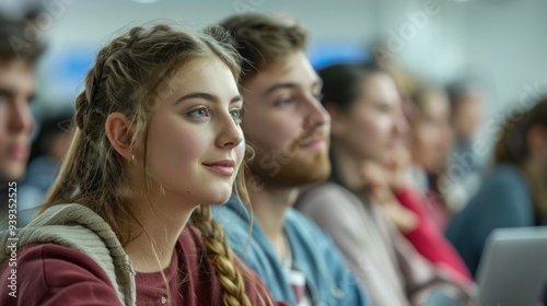 A group of college students attending a lecture in a classroom