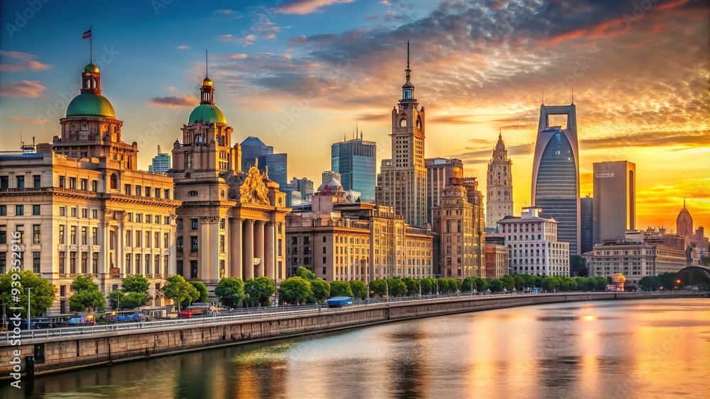 Historic buildings line the Huangpu River as daytime sun casts a warm glow on the vibrant, bustling streets of Shanghai's iconic Bund district. Historic buildings line the Huangpu River as daytime sun casts a warm glow on the vibrant, bustling streets of Shanghai's iconic Bund district.