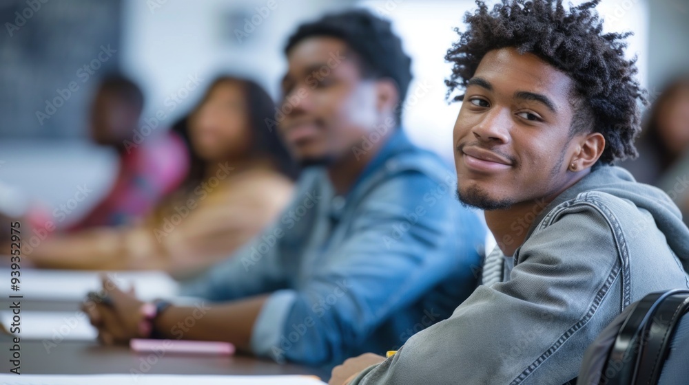 A community college student attending a lecture in a small classroom A community college student attending a lecture in a small classroom