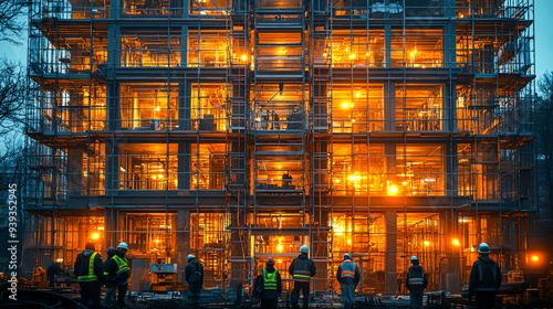 Busy Construction Site with Scaffolding and Workers Completing Commercial Building