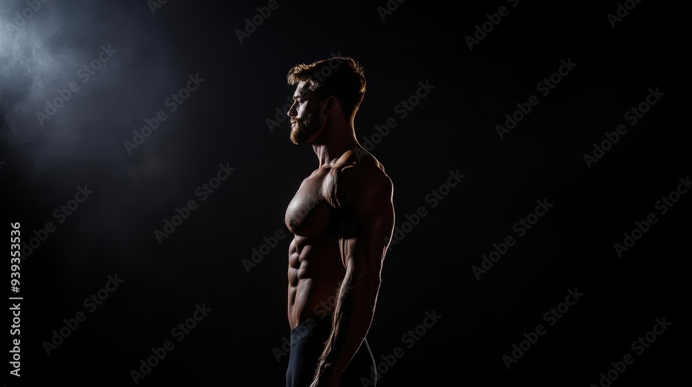 Obraz premium Muscular man with defined abs, posing in silhouette against a dark background.