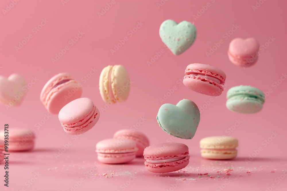 Close-up of colorful heart-shaped macarons levitating on pink background , created ai Close-up of colorful heart-shaped macarons levitating on pink background , created ai