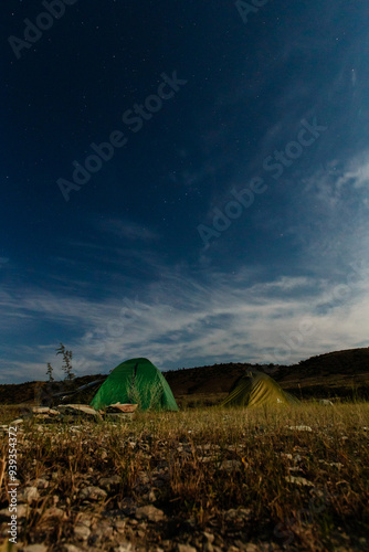 tent for camping on the beach on the background of the Seascape. High quality photo