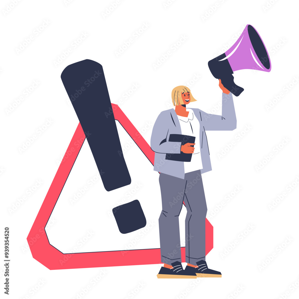Important notification and promotion, message concept, flat vector illustration isolated on white. Woman shouting into megaphone warning about important news, SMM marketing campaign.