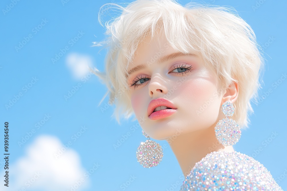 fashion portrait of a gorgeous blonde model with short hair, pink lips, and large earrings wearing a white top covered in crystals against a blue sky background fashion portrait of a gorgeous blonde model with short hair, pink lips, and large earrings wearing a white top covered in crystals against a blue sky background