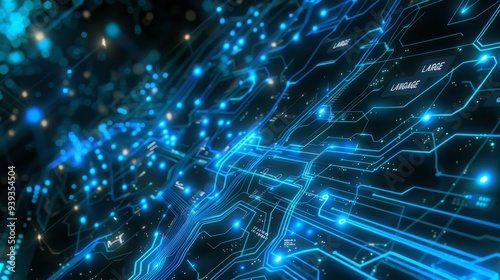 A digital artwork featuring a futuristic blue circuit board with glowing lights, symbolizing technology, connections, and modern advancements.