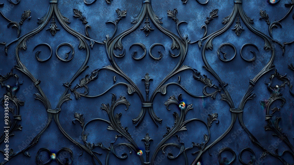 Ornate blue wall design featuring intricate floral patterns and scrollwork.