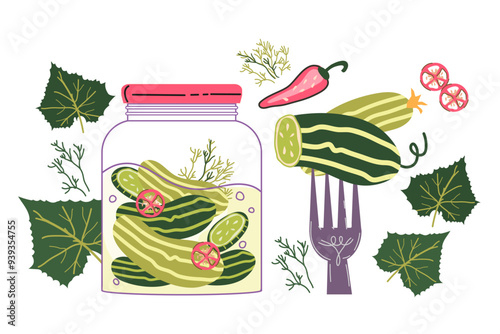Cucumbers marinated in a jar and impaled on a fork with spices for pickles and vegetables packaging design, doodle style vector illustration isolated on white.