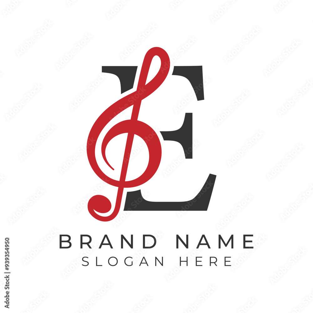 Initial Letter E with musical note Style icon. Alphabet E Music logo design Initial Letter E with musical note Style icon. Alphabet E Music logo design