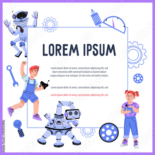 Banner for advertising robotics and programming school for kids, flat vector illustration isolated on white background. Advertisement of educational programs on electronics and robotics for children.