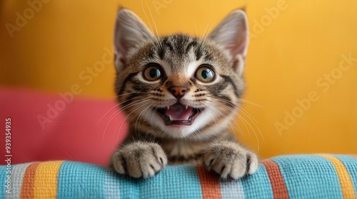 cheerful tabby cat with a wide grin sparkling eyes and whiskers twitching in amusement sitting on a colorful cushion with paw raised playfully