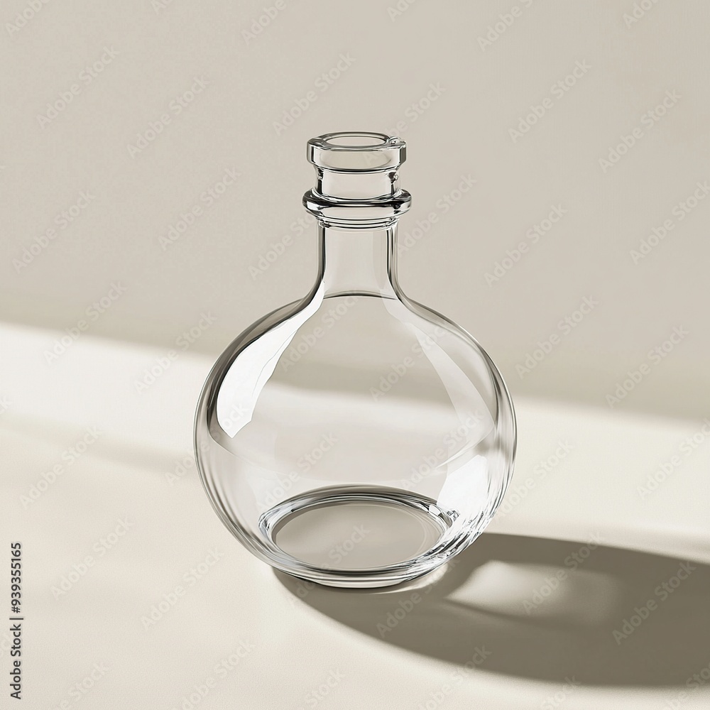 Clear glass decanter with a wide round body and a short neck, isolated on a beige background. Clear glass decanter with a wide round body and a short neck, isolated on a beige background.