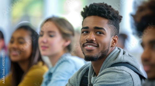 A college student talking during a classroom discussion