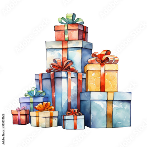 Stack of colorful gift boxes with ribbons and bows, isolated on a transparent background. Perfect for holiday marketing, gift-giving promotions, and event invitations. Suitable for businesses in retai photo