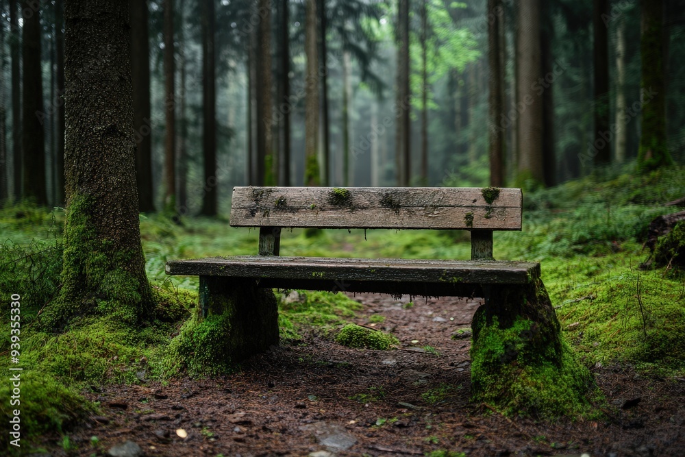 A moss-covered wooden bench sits quietly in a misty forest, inviting moments of rest and contemplation amidst the serene green landscape and towering trees. A moss-covered wooden bench sits quietly in a misty forest, inviting moments of rest and contemplation amidst the serene green landscape and towering trees.