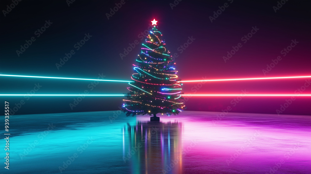 Christmas tree with neon lights | christmas-tree on a glossy reflection | Neon lights background | Merry Christmas | Xmas Tree Christmas tree with neon lights | christmas-tree on a glossy reflection | Neon lights background | Merry Christmas | Xmas Tree