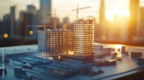 Modern construction site with cranes and building structures during sunset, capturing the architecture and development process. photo