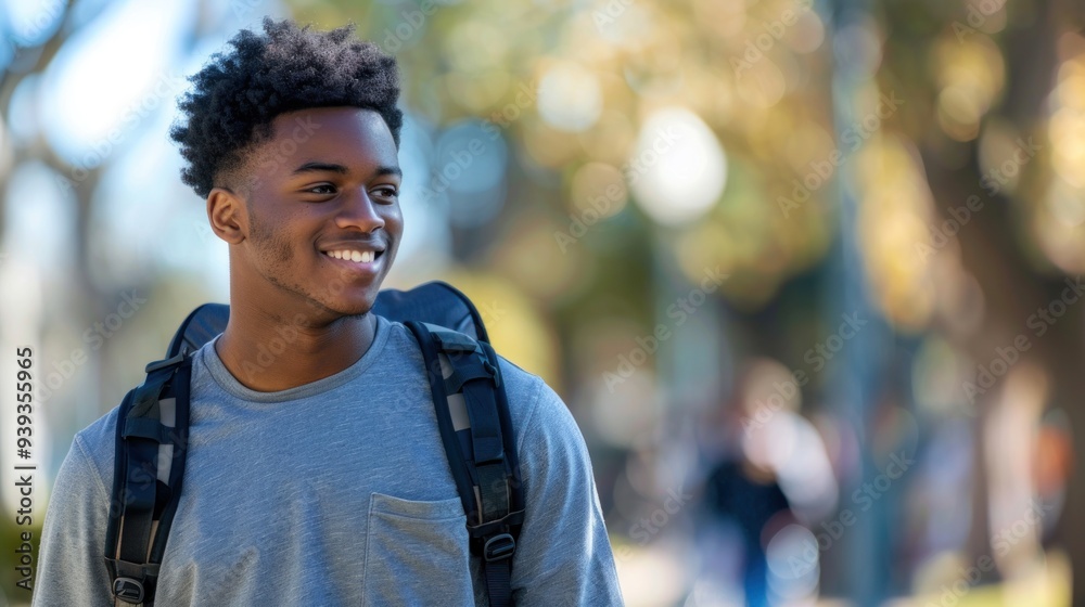 A black college student walking through campus with a backpack A black college student walking through campus with a backpack