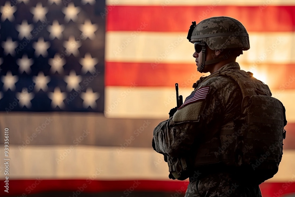 A soldier stands in silhouette in front of a large American flag, holding a rifle. A soldier stands in silhouette in front of a large American flag, holding a rifle.