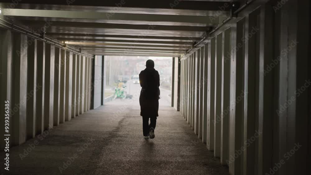 A back shot of a girl wearing a backpack, slowly walking through an underpass or tunnel. The tunnel has a series of vertical support beams, and somber mood as she approaches the exit A back shot of a girl wearing a backpack, slowly walking through an underpass or tunnel. The tunnel has a series of vertical support beams, and somber mood as she approaches the exit