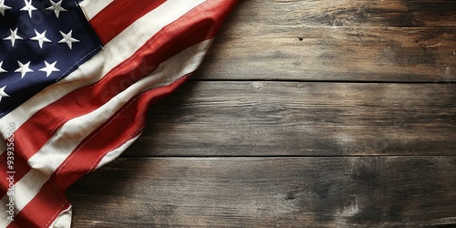 American flag draped over weathered wooden background with copy space.