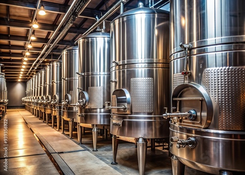 Shiny stainless steel tank barrels line up in a dimly lit brewery or wine cellar, emphasizing quality control in the manufacturing process of fine liquor and wine.