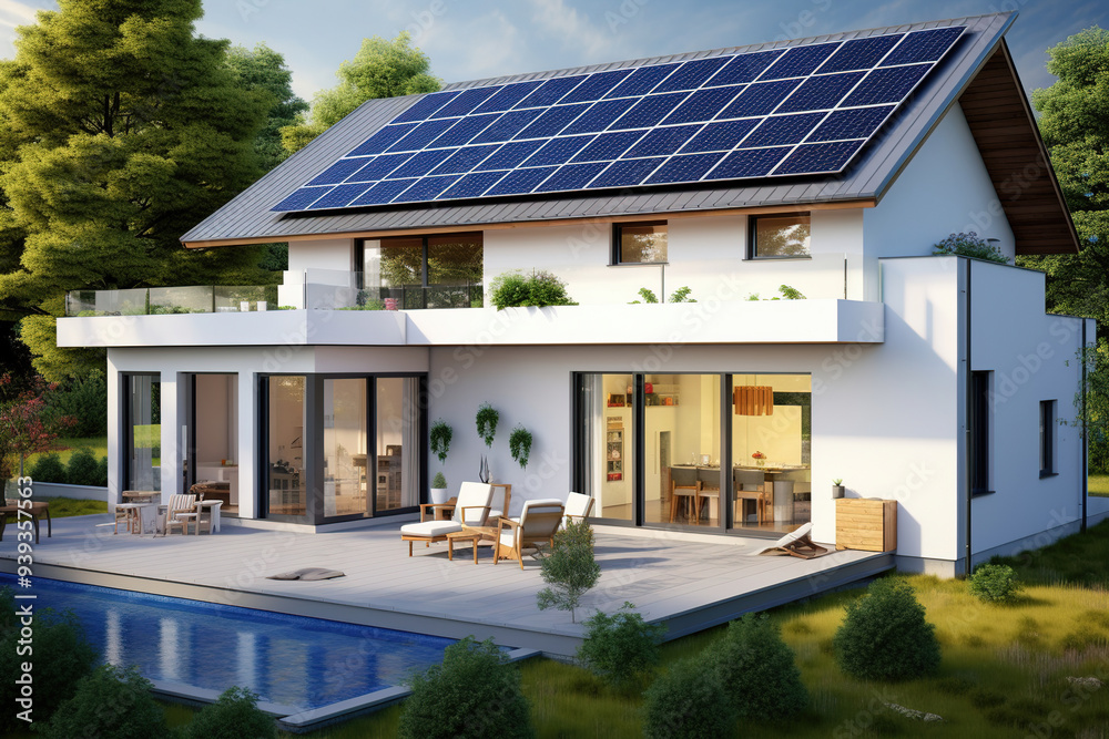 Modern eco-friendly house with solar panels, large windows, terrace, and pool Modern eco-friendly house with solar panels, large windows, terrace, and pool