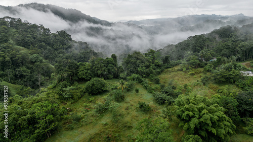 Aerial shot of a rural area full of vegetation and pastures in the middle of the Caribbean jungle with mountains and fog in the province of Limón in Costa Rica