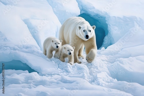 A stunning depiction of a polar bear mother with her two cubs traversing a rugged, snowy Arctic terrain, capturing themes of wildlife, survival, and familial bonds. photo