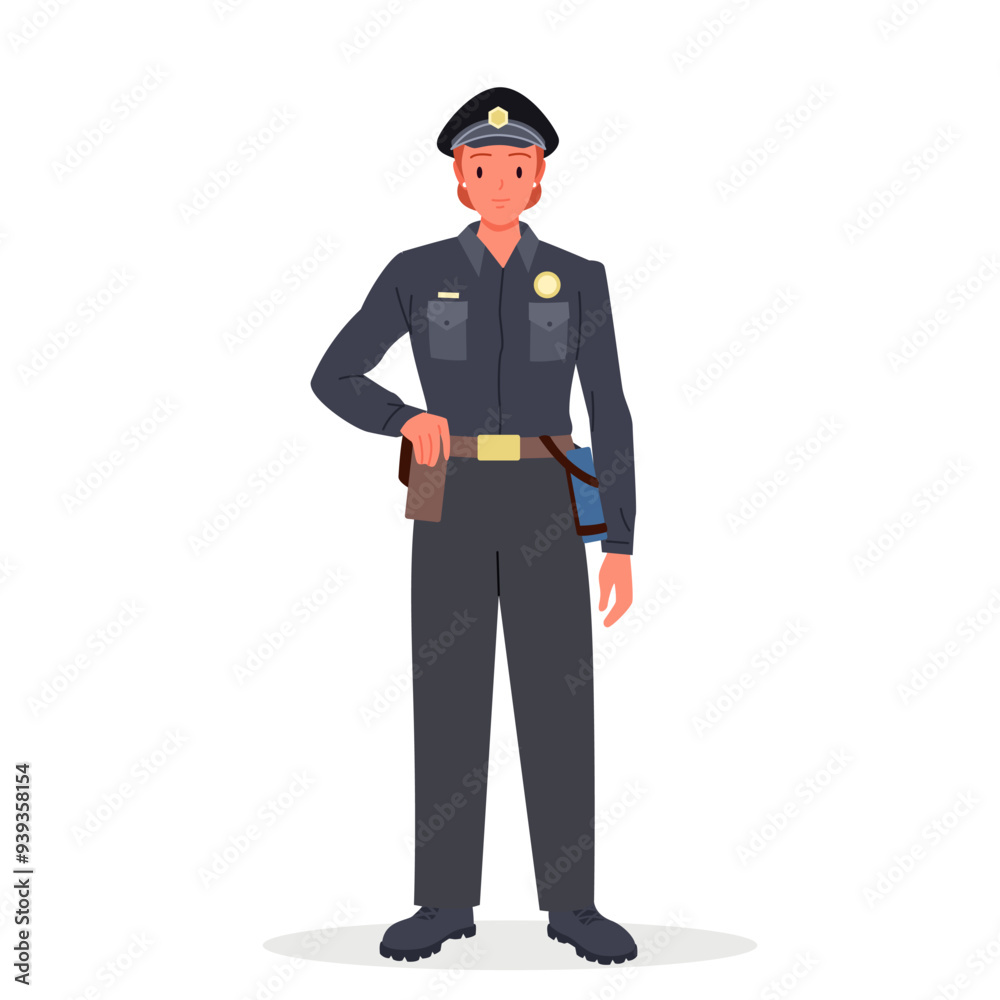 Female police officer standing. Young cute woman in professional policeman uniform and hat of cop smiling, front portrait of happy security staff, lady agent at work cartoon vector illustration Female police officer standing. Young cute woman in professional policeman uniform and hat of cop smiling, front portrait of happy security staff, lady agent at work cartoon vector illustration